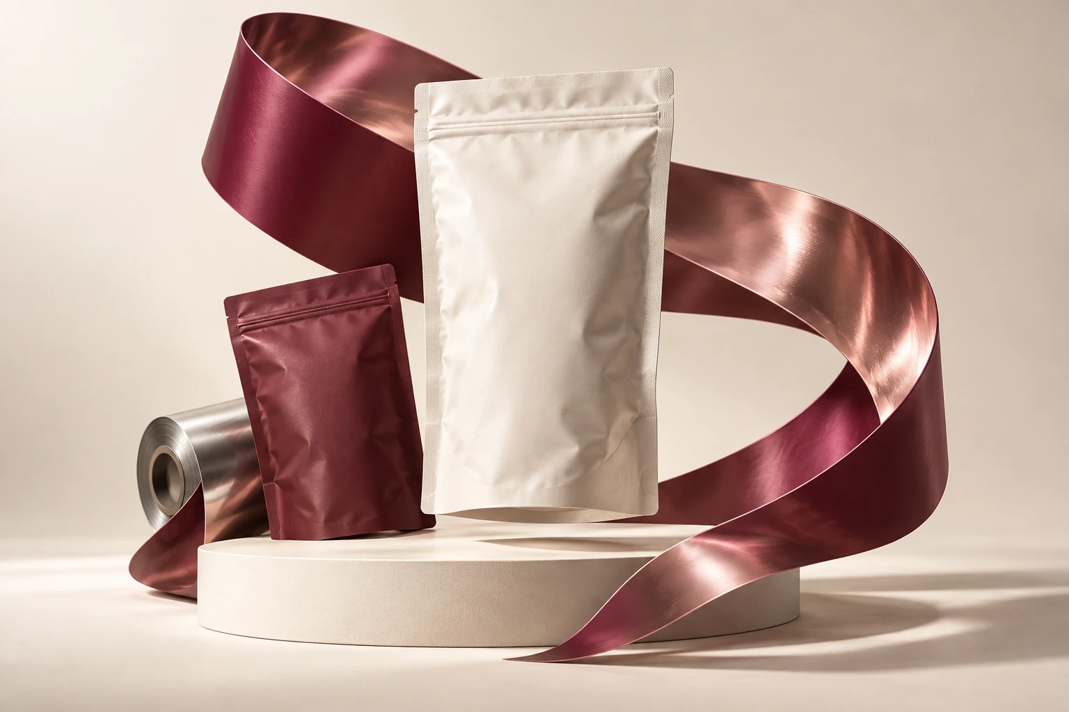 Composição ilustrativa de embalagens flexíveis com uma fita em tons de vinho e metalizado